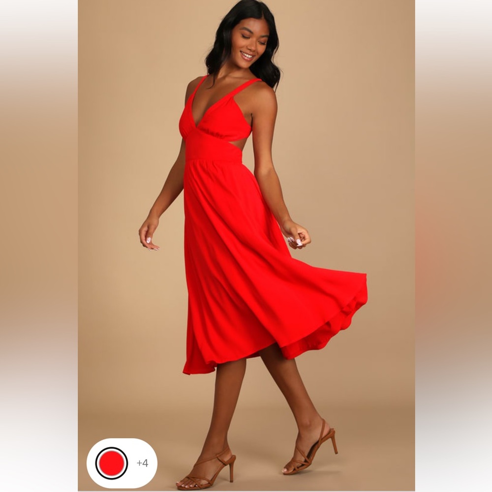 Lulu’s Bold New Look Bright Red Tie-Back Midi Dress with Pockets